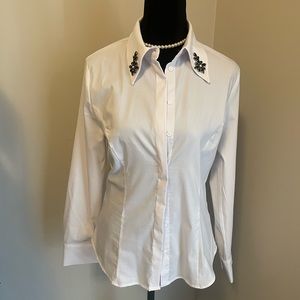 Zara, size Large, white cotton shirt with black jeweled collar
